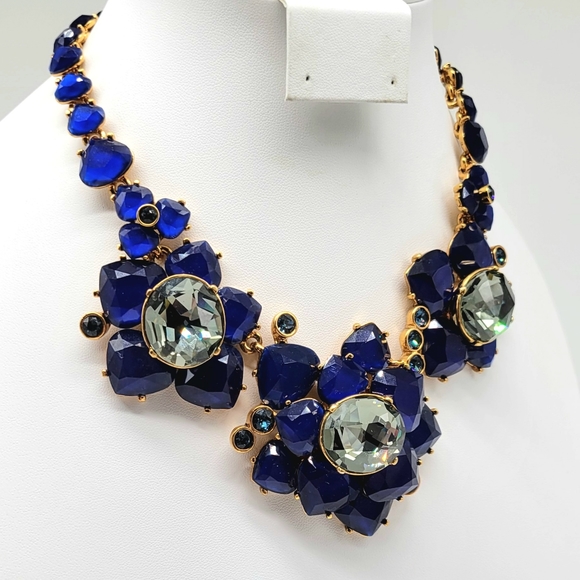 Oscar de la Renta Cobalt Blue Swarovski Crystal Flower Statement Necklace - Picture 7 of 14